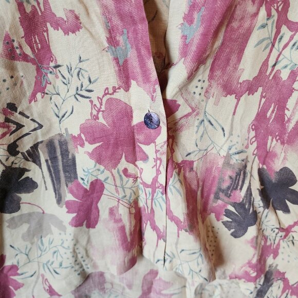 Click by Color Me Cotton Hi Low Jacket Top Yellow Floral 100% Linen Lagenlook M - Picture 3 of 11